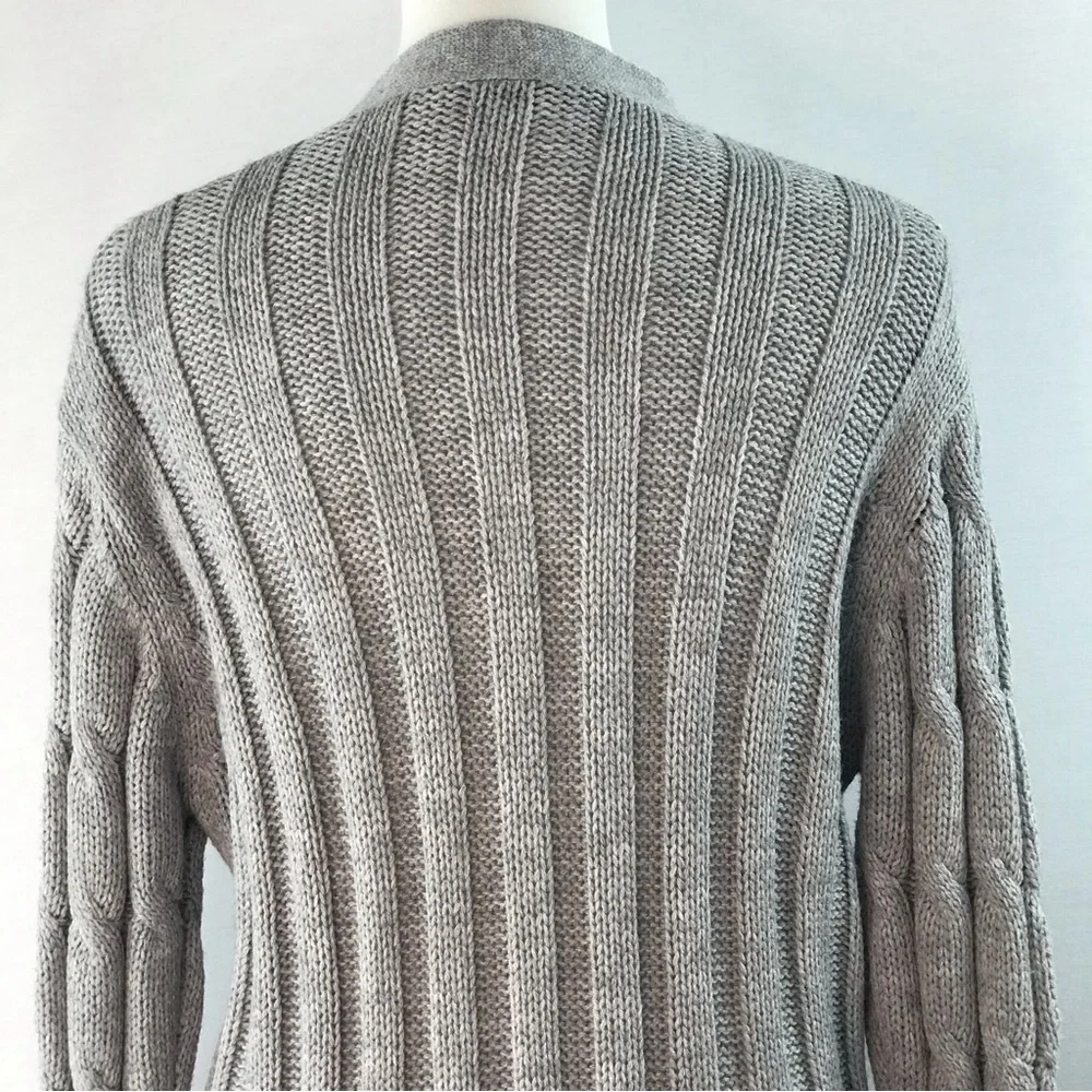 Women's Grey V-Neck Pocket Cable Knit Long Cardigan Button Down Sweater Size XXL